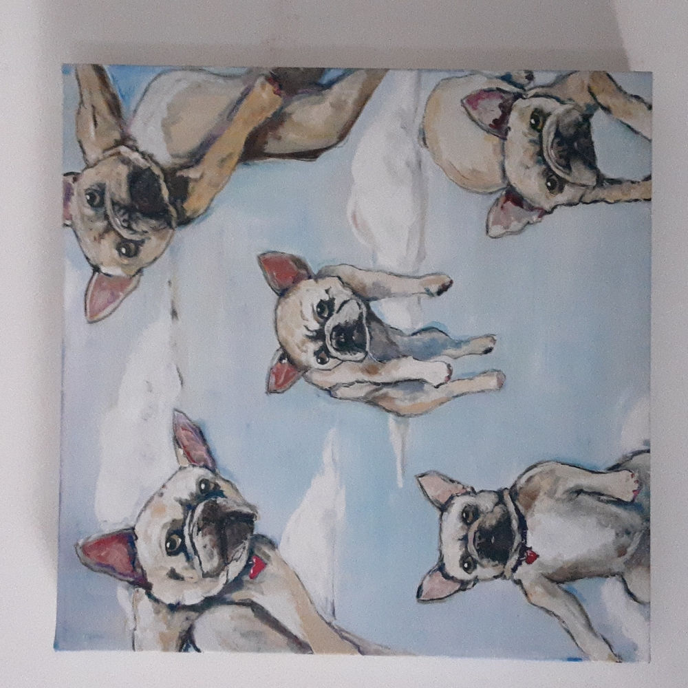 A Marmont Hill canvas, flying Frenchie's in the clouds,  18x18